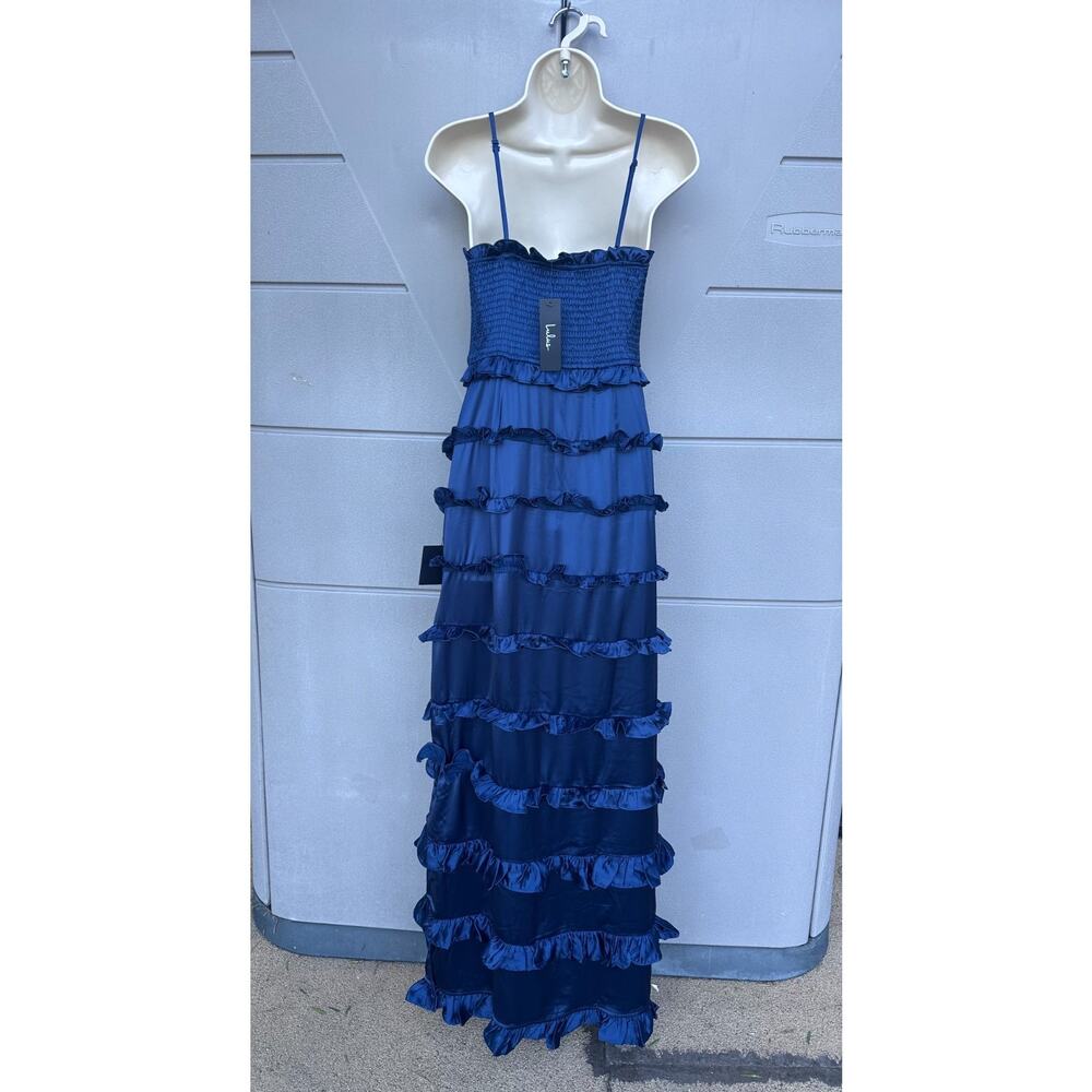 NWT Lulus Blue Satin Tiered Ruffle Smocked Maxi Dress Sz L Romantic Party Prom - Picture 9 of 14